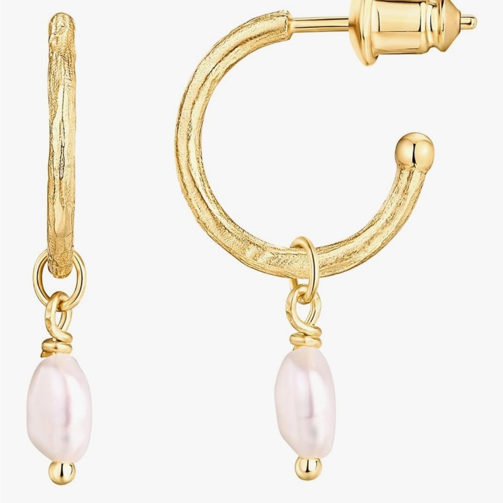 Gold Textured Hoop Earrings with Pearl Accent